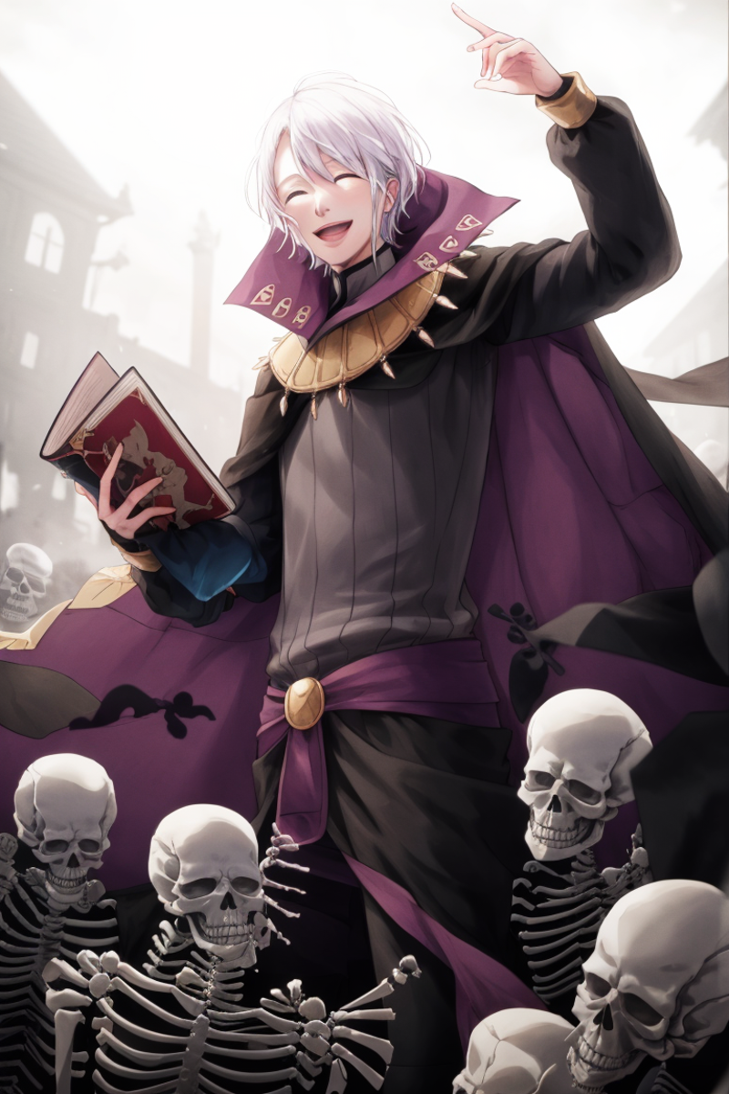 <lora:Henry_FE-02:1>  henry fe, smile, open mouth, holding, cape, book, ^_^, holding book, skull, skeleton